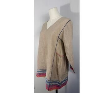 EKA 100 Linen Boho Artisan Top Striped Hem Relaxed Fit Tunic Coastal EUC